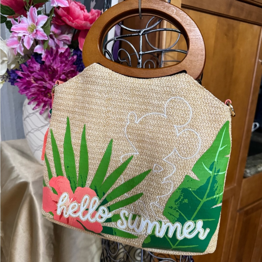 Hello Summer Straw Tote Bag with Wooden Handles